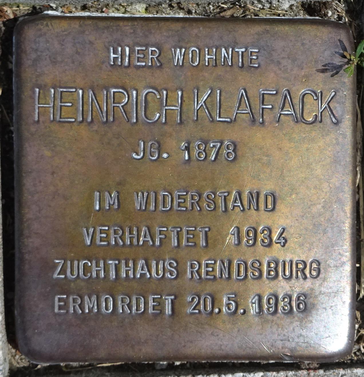 Stolperstein dedicated to Heinrich Klafack